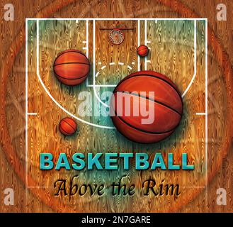 Top view of a basketball half court with multiple rims and basketballs at different heights. 3D Illustration Stock Photo