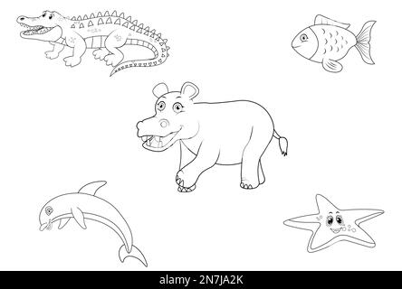 Ocean animals thin line art coloring set isolated on a white background Stock Vector
