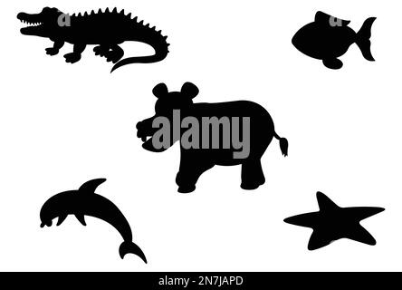 Silhouettes of alligator and sea animals on a white background vector illustration Stock Vector