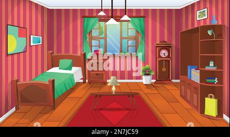 Living room interior. Comfortable sofa, TV, window, chair and house plants. Vector flat illustration Stock Vector