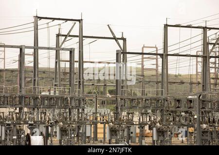 Daytime view of an electrical substation on a cloudy day. Stock Photo