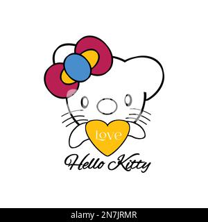 Cute back cat greeting with love and hello kitty text. Funny animal character design. Kid graphic. Vector illustration. Stock Vector