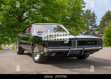 SAVONLINNA, FINLAND - JUNE 17, 2017: Black American Dodge Charger of second generation close-up Stock Photo