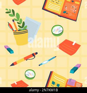 Workplace supplies, documents and pencils pattern Stock Vector