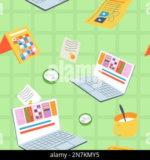 Office supplies, calendar and laptop pattern print Stock Vector