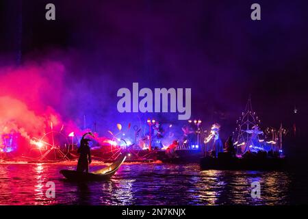 Original Signs, is a performance of dance, music and special effects created specifically for Venice Carnival 2023. Eight tableaux vivants performed by an international cast tell the story of human evolution: from the ancestral symbols of nature, to celestial symbols through an explosion of colour. The show about earth, water, air and fire runs until 21 February 2023 at the Venice Arsenal. Vibrant Pictures/Alamy Live News Stock Photo