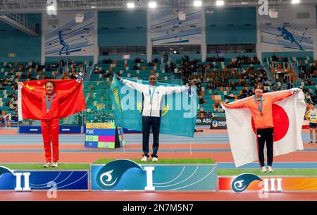 Astana. 10th Feb, 2023. He Wuga of China celebrates after the women's