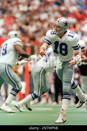 Dallas Cowboys quarterback Bernie Kosar scrambles under the pressure of  Phoenix Cardinals defensive lineman Reuben Davis (93) in the third quarter,  Nov. 14, 1993 in Irving, Texas. (AP Photo/Eric Gay Stock Photo - Alamy