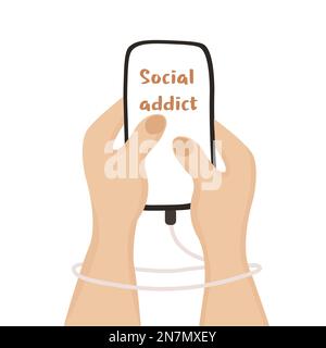 Social addict concept. Mobile phone connected to woman hands by charger rope. Stock Vector
