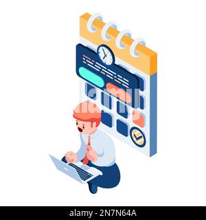 Flat 3d Isometric Businessman with Calendar Appointment Schedule. Business Appointment and Time Management Concept. Stock Vector