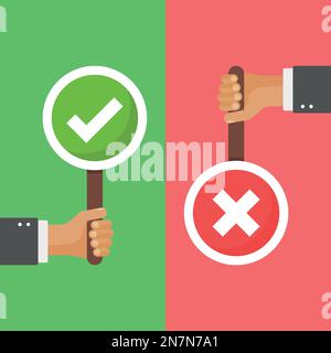 Hands hold signboard icon in flat style. Right and wrong feedback vector illustration on isolated background. Yes, no sign business concept. Stock Vector
