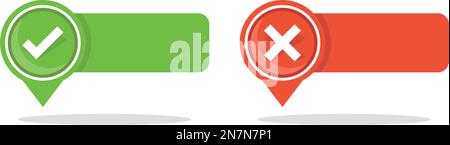 Cross and check mark icon in flat style. Right and wrong answer vector illustration on isolated background. Map pin position sign business concept. Stock Vector