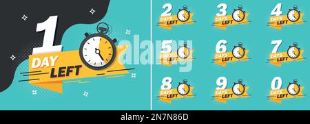 0, 1, 2, 3, 4, 5, 6, 7, 8, 9 days left icon in flat style. Offer countdown date number vector illustration on isolated background. Sale promotion time Stock Vector