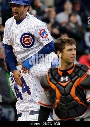 Chicago Cubs' David DeJesus (L) and Anthony Rizzo (R) congratulate teammate Starlin  Castro after his two-run home run scoring DeJesus during the first inning  at Wrigley Field in Chicago on April 14