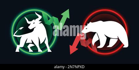 Bull bullish run Bear bearish market trend in crypto currency stocks. Trade exchange green up red down arrows graph. Cryptocurrency stock chart circle Stock Vector
