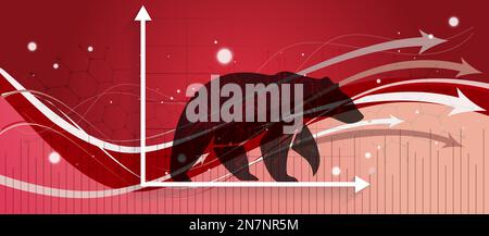 Bear run or bearish market trend in crypto currency or stocks. Trade exchange red background, down arrow graph for decrease crash in Global economy Stock Vector
