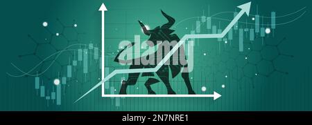 Bull run or bullish market trend in crypto currency or stocks. Trade exchange background, up arrow graph for increase in rates. Economy green chart. Stock Vector