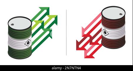 Oil prices increase decrease. Crude Oil barrels with green red graph arrow going up down. Oil market Fuel Petroleum drums with chart arrows. Stock Vector