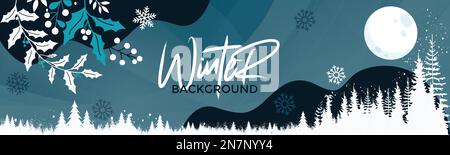Winter background banner. Flat winter landscape. Snowy night dark backgrounds. Snowdrifts. Snowfall. Clear blue sky. Blizzard. White Snowy weather. Stock Vector