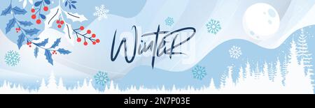 Winter background banner. Flat winter landscape. Snowy backgrounds. Snowdrifts. Snowfall. Clear blue sky. Blizzard. White Snowy weather. Stock Vector