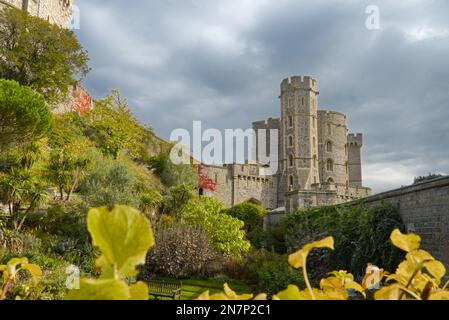 Castles with cloudy sky and plants in the front. Stock Photo