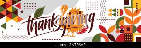 happy thanksgiving banner design with typography, turkey bird and abstract shapes background. American Thanksgiving festival autumn theme dinner party Stock Vector