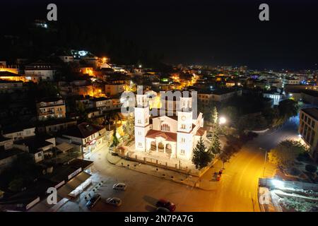 An aerial view of Saint Demetrius Cathedral in Berat, Albania at night Stock Photo