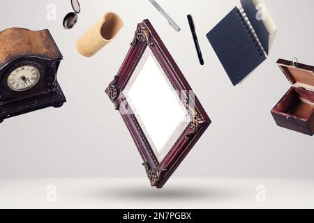 flying frames on the air, with equipments and objects mockup Stock ...