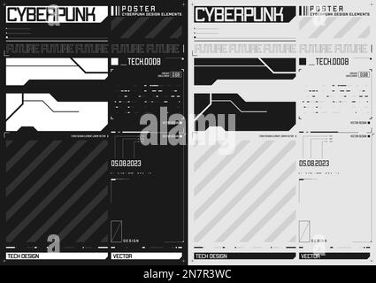 Cyberpunk futuristic poster set. Tech cyberpunk design for web and print template. Technology style flyer. Future technology, black and white Stock Vector