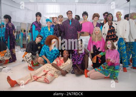 New York, New York, USA. 10th Feb, 2023. (NEW) New York Men's Day - Presentation - February 2023 New York Fashion Week. February 10, 2023, New York, New York, USA: Designer Jimmy Alexander (C) poses with models during the fashion presentation of All Beneath Heaven at Daylight Studio during New York Fashion Week 2023 on February 10, 2023 in New York City. (Credit Image: © M10s/TheNEWS2 via ZUMA Press Wire) EDITORIAL USAGE ONLY! Not for Commercial USAGE! Stock Photo