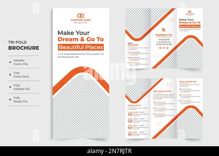 Touring group business promotion tri fold brochure vector for marketing. Travel agency advertisement template design with photo placeholders. Tour and Stock Vector
