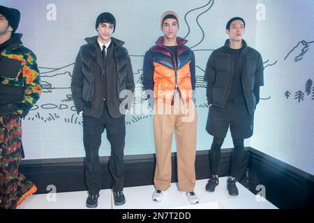 New York, USA. 10th Feb, 2023. Models pose during the Nobis presentation at Daylight Studio during New York Fashion Week 2023. Credit: SOPA Images Limited/Alamy Live News Stock Photo