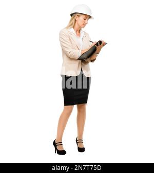 Its never too late to change your surroundings. a mature businesswoman checking construction paperwork against a studio background. Stock Photo