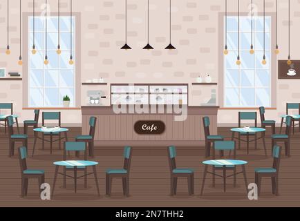 a cafe interior with tables, coffee machine, window and bar counter Stock Vector