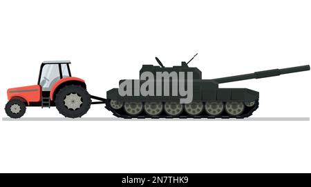 a tractor pulls big green battle tank towed war conflict Stock Vector