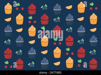 a set of cupcakes of different colors and flavors vector illustration holiday sweets pattern texture Stock Vector