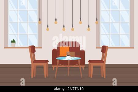 a large soft armchair in a stylish modern loft-style apartment with light bulbs Stock Vector