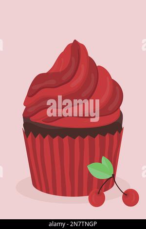 a delicious cherry muffin cupcake with red cherries sweetness Stock Vector
