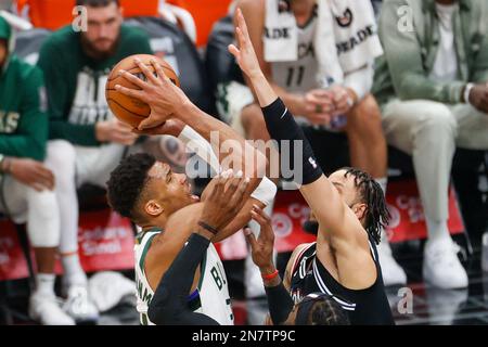 Los Angeles, USA. 10th Feb, 2023. Milwaukee Bucks forward Giannis Antetokounmpo (L) seen in action against Los Angeles Clippers guard Amir Coffey (R) during an NBA basketball game in Los Angeles. Credit: SOPA Images Limited/Alamy Live News Stock Photo