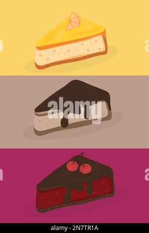 a set of three slices of cherry orange chocolate soufflé cake Stock Vector
