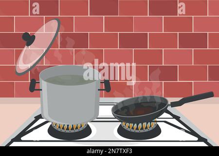 Premium Vector  Boiling soup in pan with open lid red cooking pot
