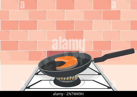 a salmon steak is fried in a pan on a gas stove Stock Vector