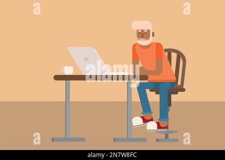 man with blond hair sits in a cafe with a laptop Stock Vector