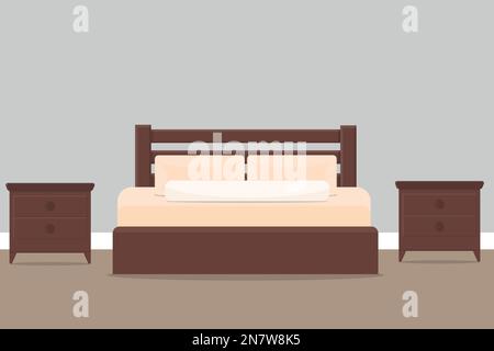 a large double bed with pillows with bedside tables in the room near the wall Stock Vector
