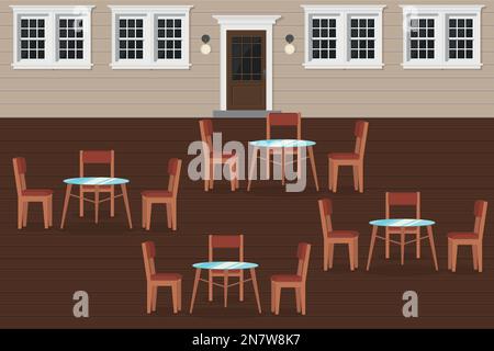a restaurant terrace with wooden tables and chairs Stock Vector