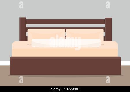 a large double bed with pillows near the wall in the room Stock Vector