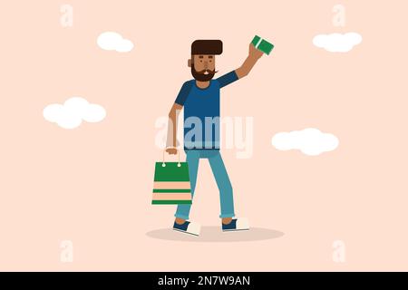 a man holding money in his hand and shopping bag Stock Vector