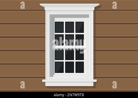 a white wooden window with glass in a beige wooden house Stock Vector