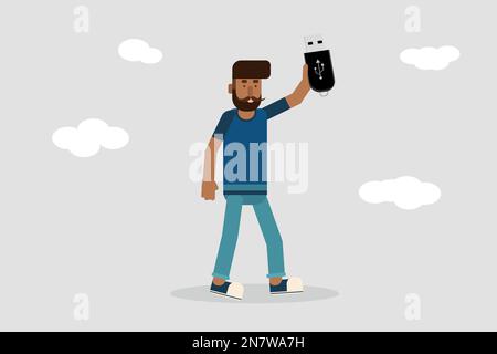 a man holding usb flash memory stick in his hand Stock Vector
