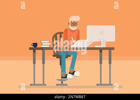 a hipster man working at the table on the computer Stock Vector